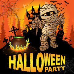 Halloween Party Poster with mummy. Vector illustration.