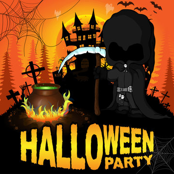 Halloween Party Poster with dark reaper. Vector illustration.