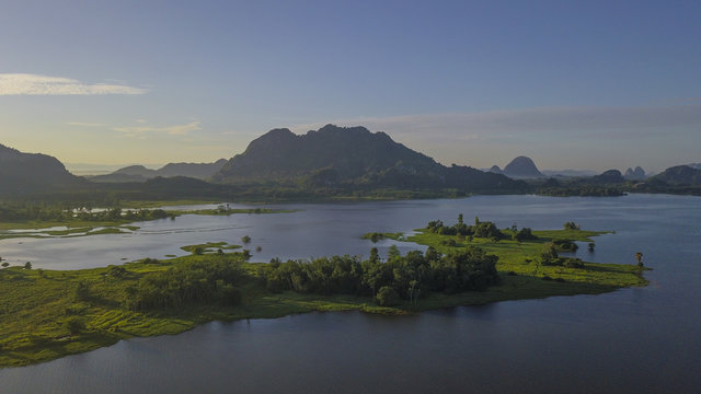 Aerial view of morning at Timah Tasoh Lake in Perlis Malaysia