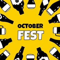 Vector illustration with black beer bottles and glasses on a yellow background and text 