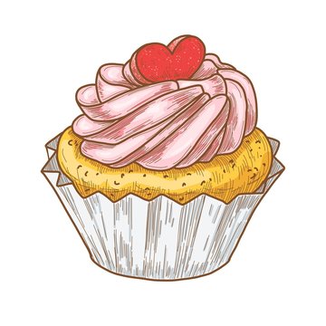 recommend clip art: Hand drawn cupcake with heart cookie, vintage etching, colorful food sketch engraving, pen and ink line art isolated on white background. Vector illustration.
