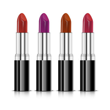 Set of four color realistic lipsticks. Red lipstick, orange lipstick, violet lipstick and pink lipsticks isolated on white background Vector illustration