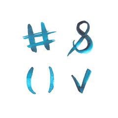 Vector illustration. Watercolor blue hand drawn signs: hashtag, brackets, and, tick