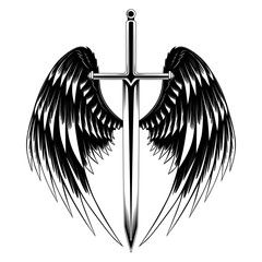 Black and white vector image sword with wings.