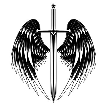Black and white vector image sword with wings.