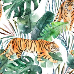 Watercolor seamless pattern. Tropical jungle leaves and tiger. Hand drawn illustration