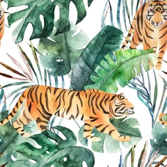 Behang Tropische print Aquarel naadloze patroon. Tropische jungle bladeren en tijger. Handgetekende illustratie