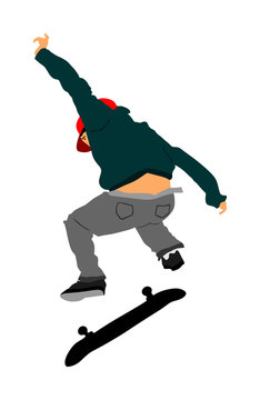 Extreme sport game, skateboarder in skate park, air jump trick. Skateboard vector illustration isolated on white background. Outdoor urban action. Gymnastic jumping with board. Street show performer.