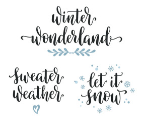 Ensemble de calligraphie d& 39 inspiration saisonnière d& 39 hiver. Pays des merveilles, météo pull, Let it snow lettrage écrit à la main