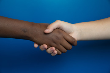 Interracial handshake on blue background.