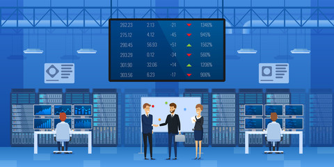 Employees of financial center discuss current affairs.