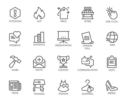 20 linear icons on the subject of online communication and shopping, work and business themes. Graphic pictogram for interfacing, advertising materials, web buttons. Vector illustration isolated