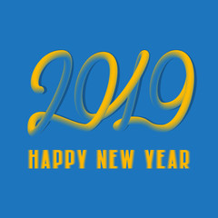2019 Happy New Year yellow blue colors lettering for greeting card design.