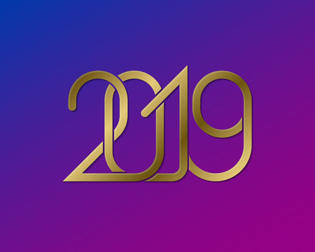 Plexus of golden numbers 2019 on gradient background. Happy New Year greeting card design.