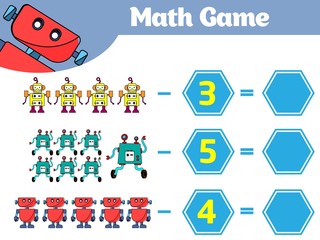 Fototapeta na wymiar Mathematics educational game for children. Learning subtraction worksheet for kids, counting activity. Vector illustration Robot