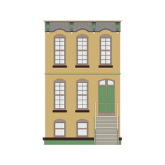 Beautiful detailed linear cityscape collection with townhouses. Small town street with victorian building facades. Template for web, graphic, game and motion design. Vector illustration