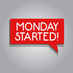 Writing note showing Monday Started. Business photo showcasing getting ready for new week Rest is over lets begin work.