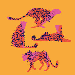 Graphic collection of cheetahs drawn with rough brush
