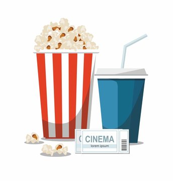 Cinema concept illustration with popcorn bowl,drink and tickets isolated on white background