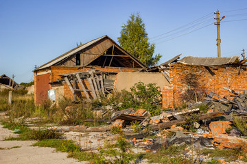 The ruins of a brick building of garages

