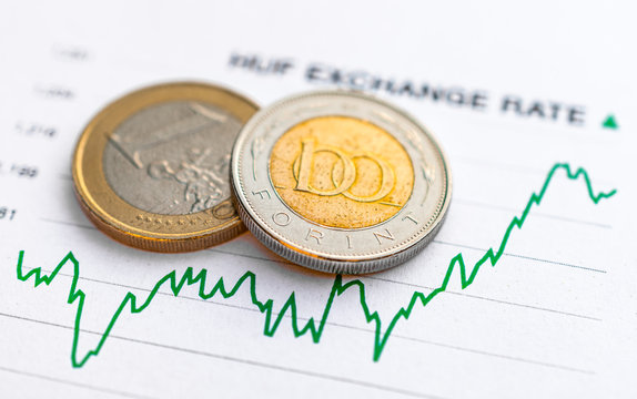 Hungarian forint euro exchange rate: Hungarian forint and euro coins placed on a green graph showing increase in currency exchange rate