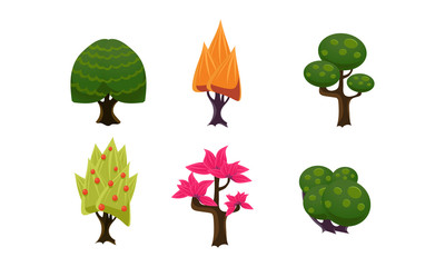 Summer trees set, cute cartoon fantasy plants, user interface assets for mobile apps or video games vector Illustration on a white background
