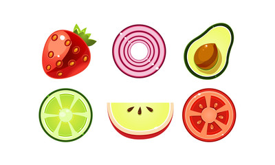 Fresh fruits and vegetables set, apple, tomato, lime, avocado, red onion, strawberry vector Illustration on a white background