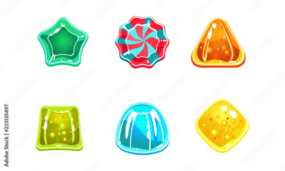 Poster colorful glossy candies set, sweets of different shapes, user interface assets for mobile apps or vi