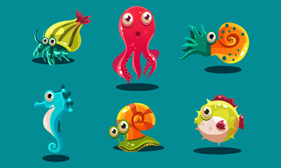 Sea creatures set, cute funny animals and fishes characters, seahorse, snail, cuttlefish, puffer fish, hermit crab vector Illustration