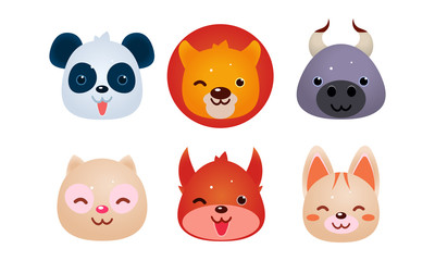 Heads of cute animals set, bear, face of panda, bear cow, cat, dog, squirrel, user interface assets for mobile apps or video games vector Illustration on a white background
