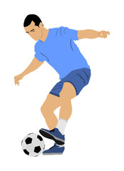 Fototapeta na wymiar Soccer player with ball in action vector illustration isolated on white background. Football player battle for the ball and position. Member of super star team. Sport activity with ball on training.