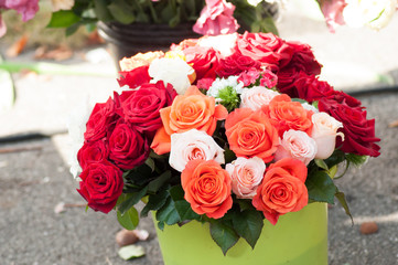 closeup of colorful roses bouquets at the market