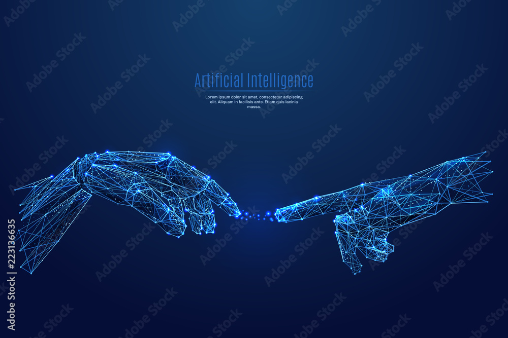 Poster Robot arm and hand human. Touch Technological concept. Low poly blue. Polygonal abstract health illustration. Low poly vector illustration of a starry sky or Cosmos. Vector image in RGB Color mode.