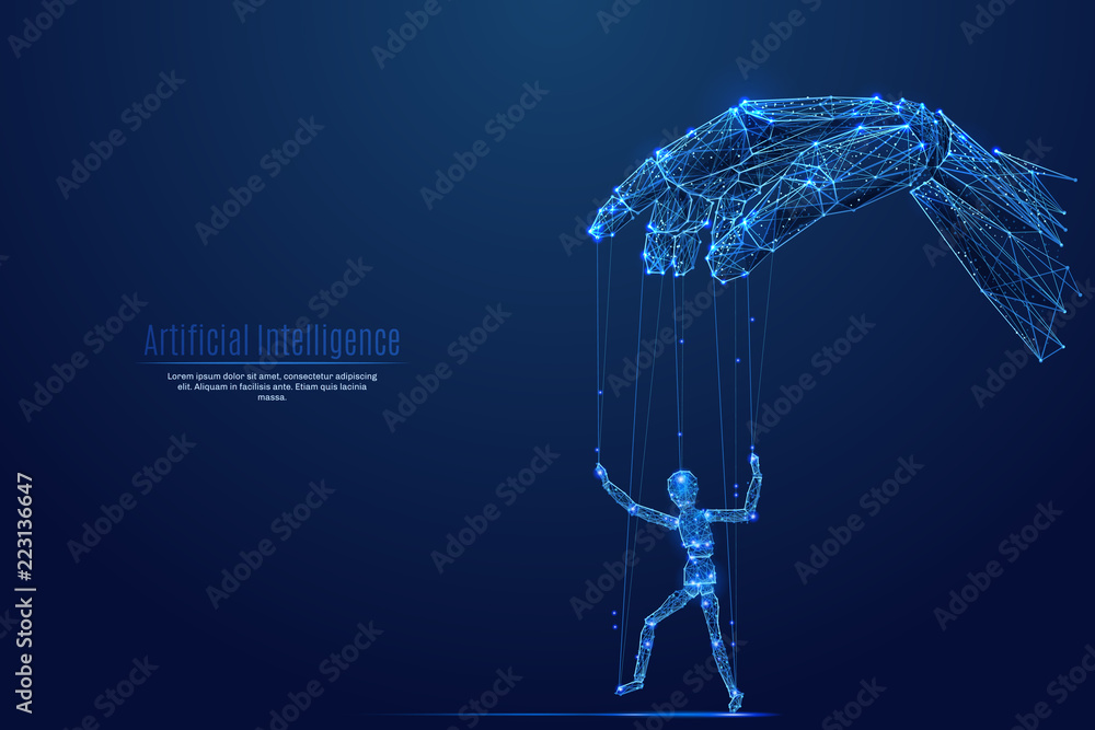 Poster robotic cyborg hand manipulating human puppet on dark background. robot. artificial intelligence. in