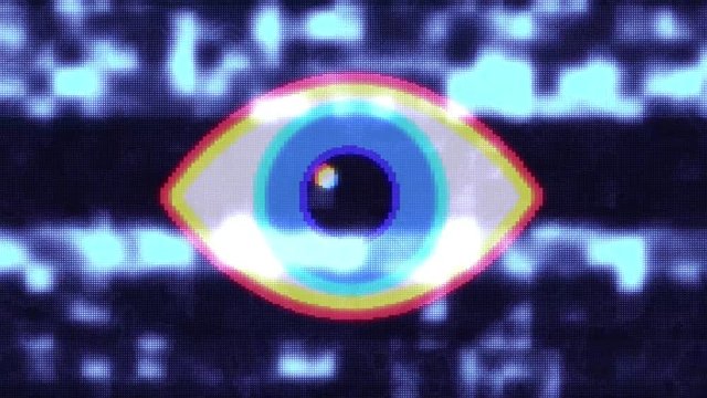 pixel eye symbol on glitch lcd led screen display background animation seamless loop New quality universal close up vintage dynamic animated colorful joyful cool video footage