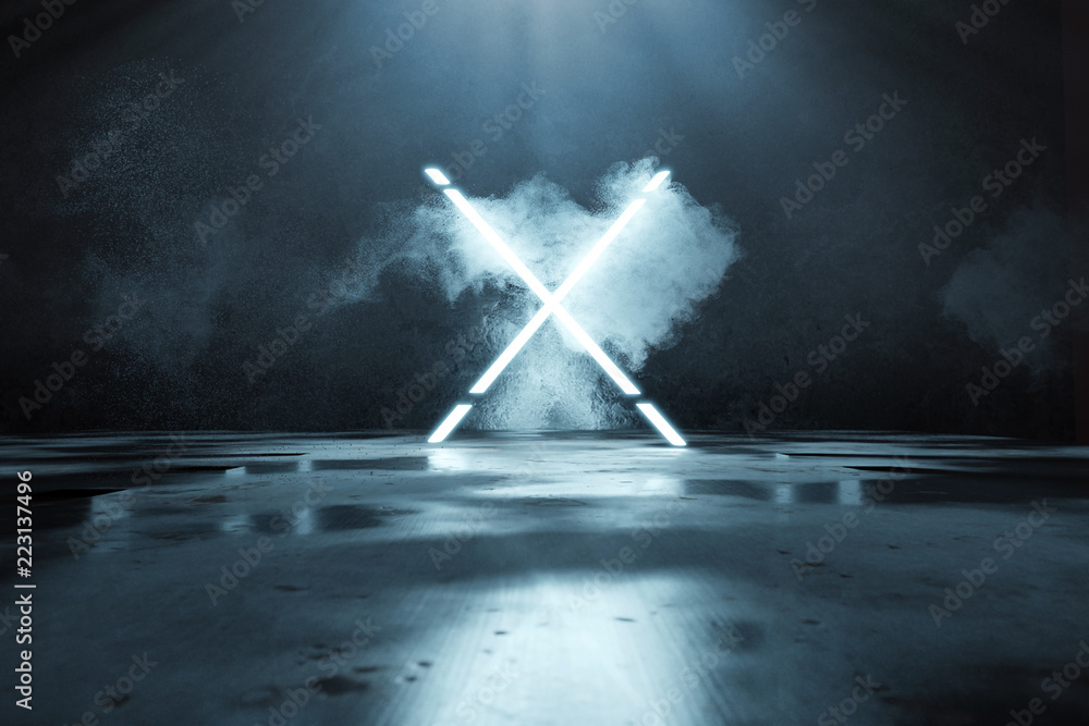 Fototapete 3d rendering of blue lighten X alphabet shape in front of grunge wall background and floor with puddles