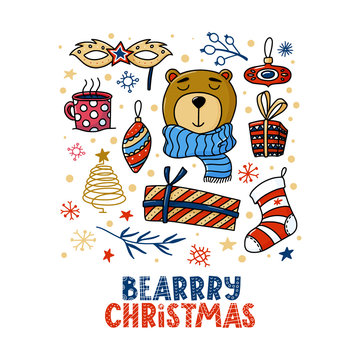 Square Christmas greeting card design with text and doodles - funny bear, presents, Xmas decorations, vector illustration isolated on white background. Doodle Chrismas greeting card design with bear