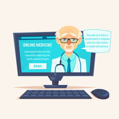 Online doctor man character look out laptop. Modern new technology. Vector flat cartoon illustration