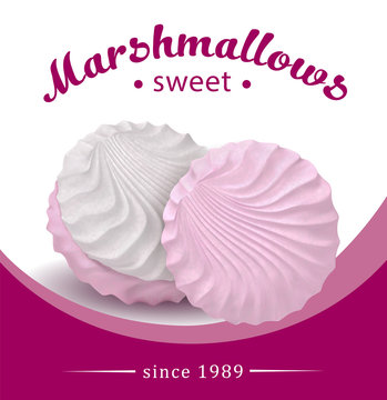 Fresh and delicious pink marshmallow.  Design elements for marshmallow packaging. Vector illustration.