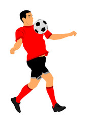 Fototapeta na wymiar Soccer player with ball in action vector illustration isolated on white background. Football player battle for the ball and position. Member of super star team. Sport activity with ball on training.