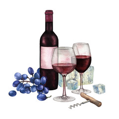 Two watercolor glasses of red wine, bottle, grapes, cheese and corkscrew