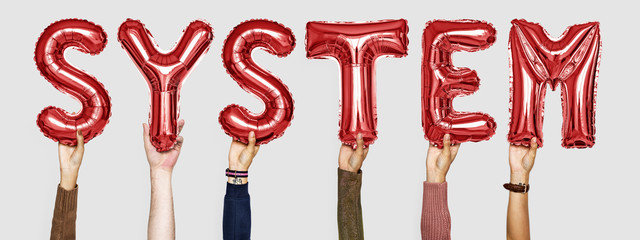 Red alphabet helium balloons forming the text system