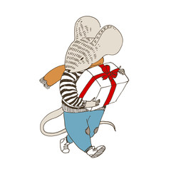 A mouse in sweater and pants is going with red gift box