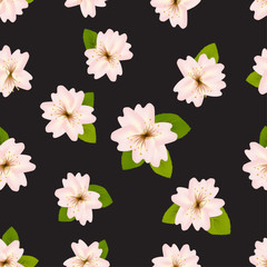 Spring cherry blossoms. Seamless pattern with Japanese sakura. Pink flowers on black background. Romantic Vector illustration.