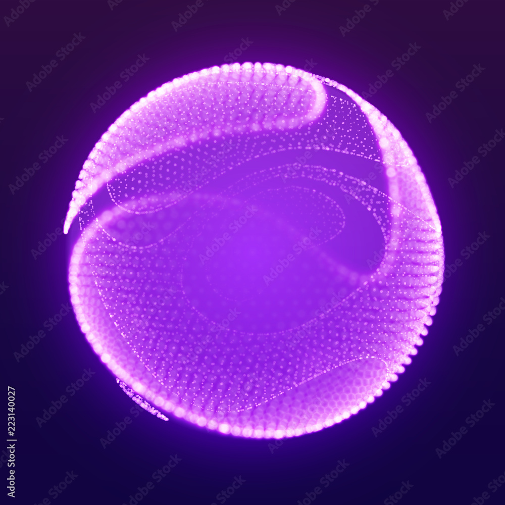 Poster abstract vector mesh cliced sphere on dark violet background with depth of field effect. futuristic 
