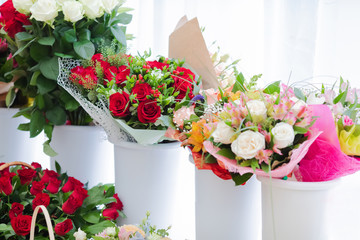 Different flower bouquets for sale in florist shop