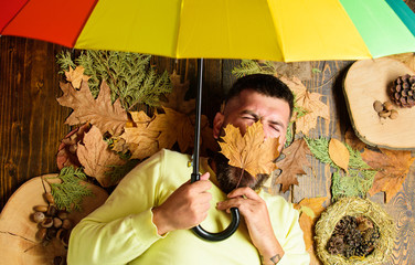Rainy weather forecast concept. Man bearded lay on wooden background with leaves top view. Fall...