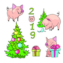 Vector isolated images of guinea pigs - a symbol of the 2019 new year. You can use for the design of New Year's greeting cards, napkins, book illustration and other works