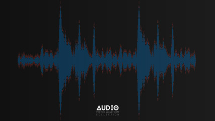 Vector audio wavefrom. Abstract music waves oscillation. Futuristic sound wave visualization. Synthetic music technology sample. Tune print with bars and red dots.