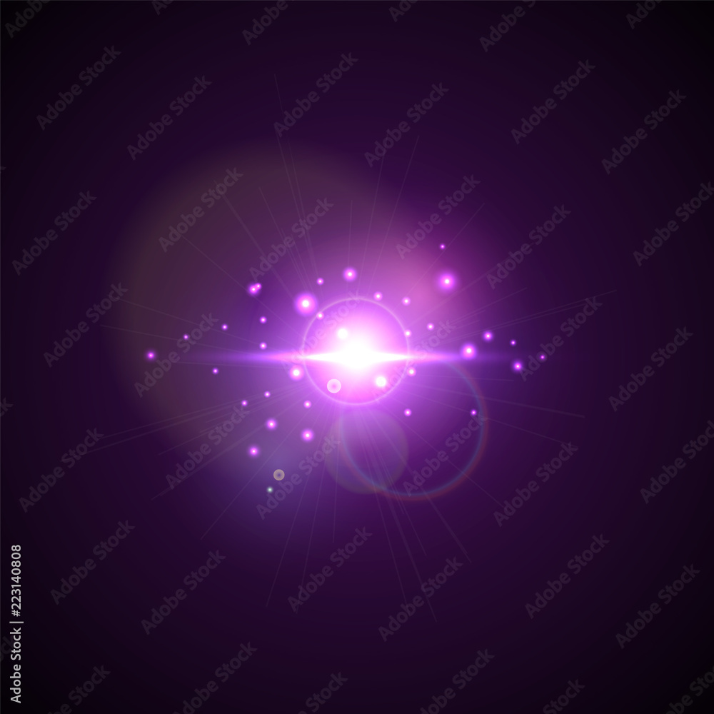 Wall mural purple flash with rays and spotlight. realistic light glare, high loth, star glow. lens flare effect